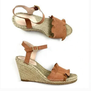 Loeffler Randall Gabby Ruffled Suede Espadrille Wedges Heels Brown Tan Size 9 B